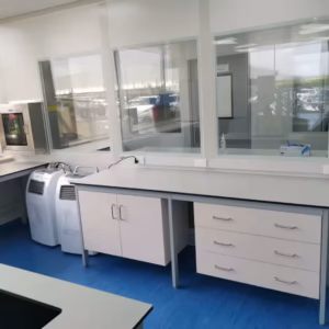 H frame wall bench with mounted cabinets