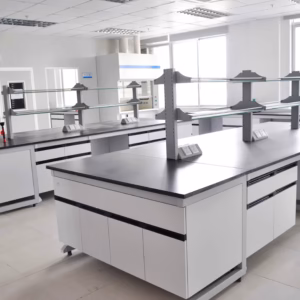 C frame lab table with wood cabinet