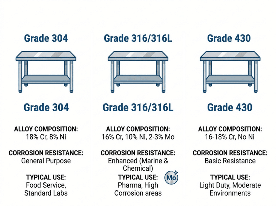 Comparison infographic of Grade 304, 316 316L, and 430 stainless steel for laboratory work tables Comparison infographic of Grade 304, 316 316L, and 430 stainless steel for laboratory work tables