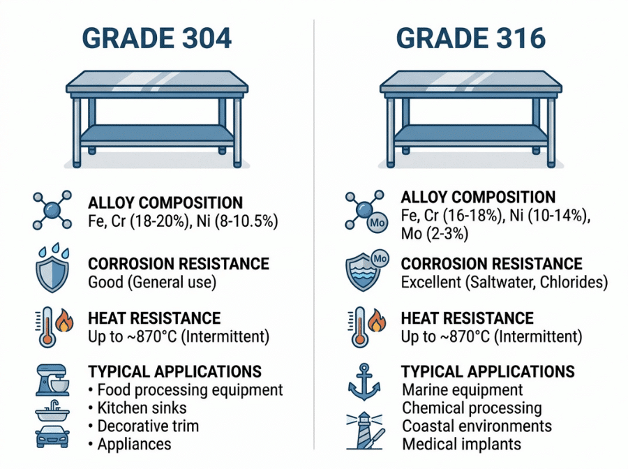Comparison infographic of Grade 304 and Grade 316 stainless steel for laboratory tables Comparison infographic of Grade 304 and Grade 316 stainless steel for laboratory tables