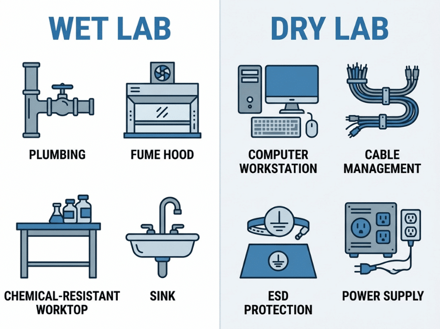 Comparison infographic showing wet lab versus dry lab features, surfaces, and infrastructure requirements Comparison infographic showing wet lab versus dry lab features, surfaces, and infrastructure requirements