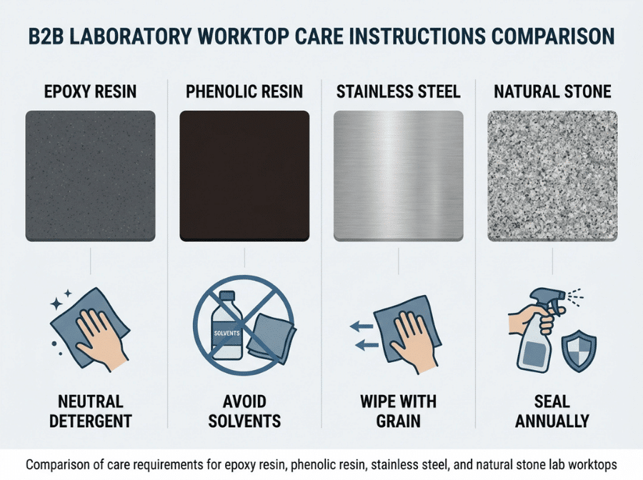 Comparison of care requirements for epoxy resin, phenolic resin, stainless steel, and natural stone lab worktops Comparison of care requirements for epoxy resin, phenolic resin, stainless steel, and natural stone lab worktops