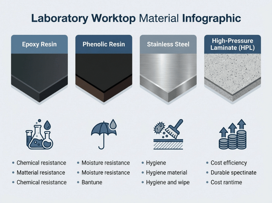 Comparison of epoxy resin, phenolic resin, stainless steel, and laminate laboratory worktop materials Comparison of epoxy resin, phenolic resin, stainless steel, and laminate laboratory worktop materials