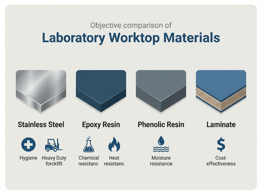 Comparison of stainless steel, epoxy resin, phenolic resin, and laminate laboratory work surface materials Comparison of stainless steel, epoxy resin, phenolic resin, and laminate laboratory work surface materials