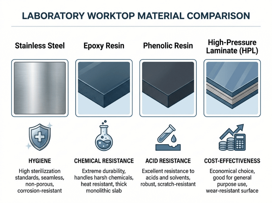 Comparison of stainless steel, epoxy resin, phenolic resin, and laminate laboratory worktop materials Comparison of stainless steel, epoxy resin, phenolic resin, and laminate laboratory worktop materials