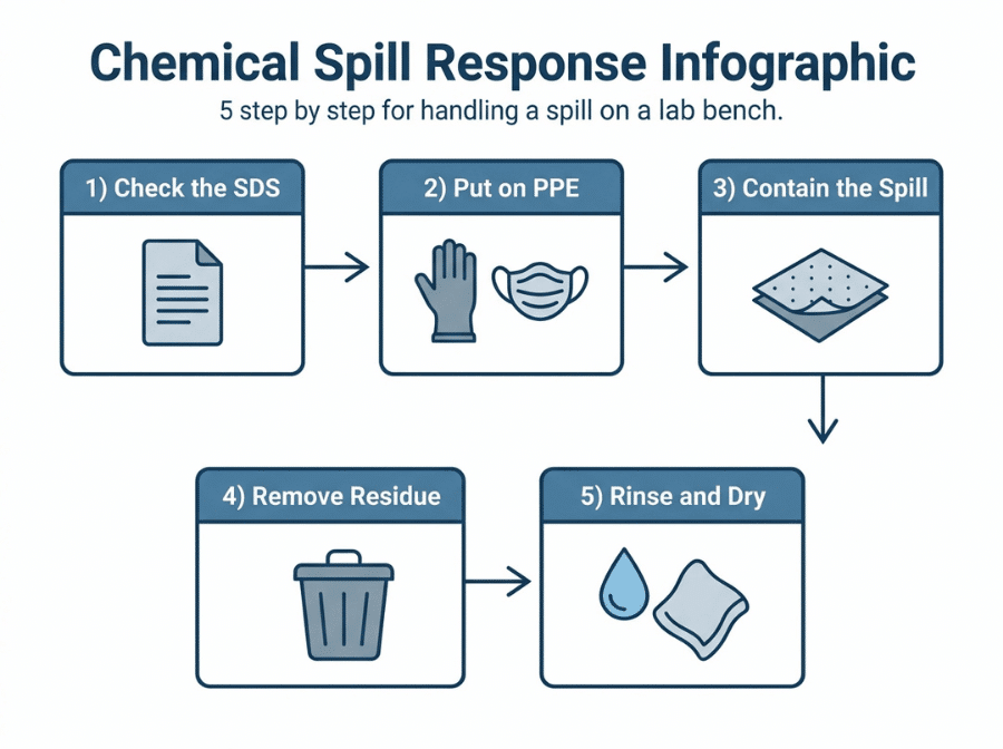Five step infographic showing how to safely handle a chemical spill on a lab bench Five step infographic showing how to safely handle a chemical spill on a lab bench