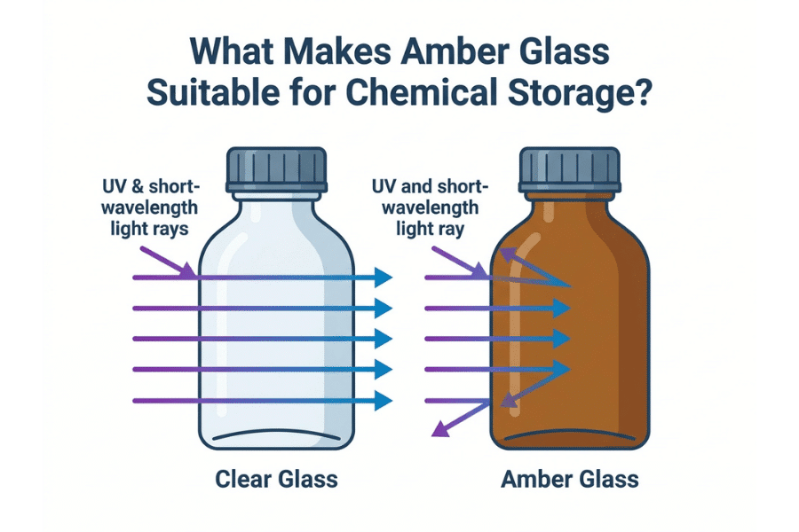 Infographic comparing UV light transmission through clear glass versus amber glass laboratory bottles Infographic comparing UV light transmission through clear glass versus amber glass laboratory bottles