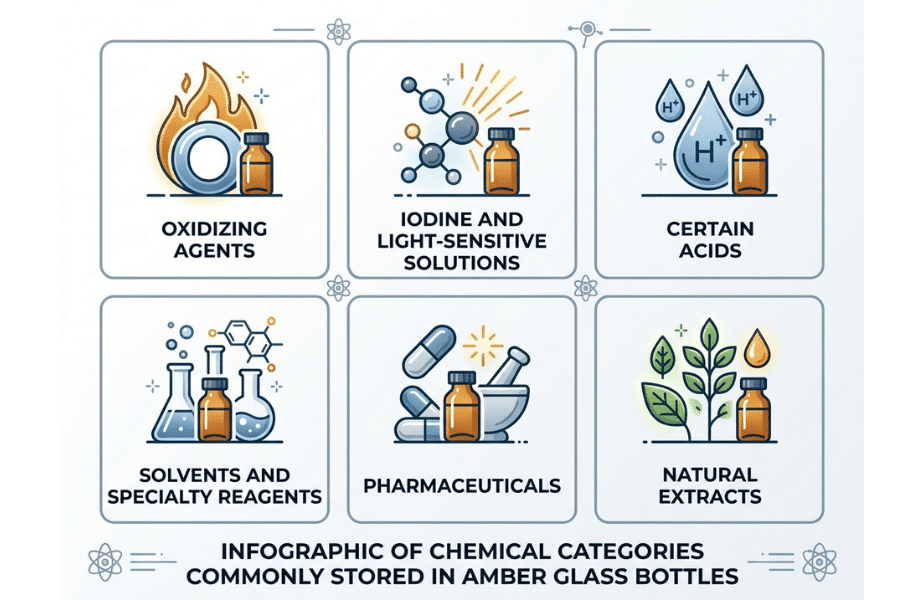 Infographic of six chemical categories commonly stored in amber glass bottles in laboratories Infographic of six chemical categories commonly stored in amber glass bottles in laboratories