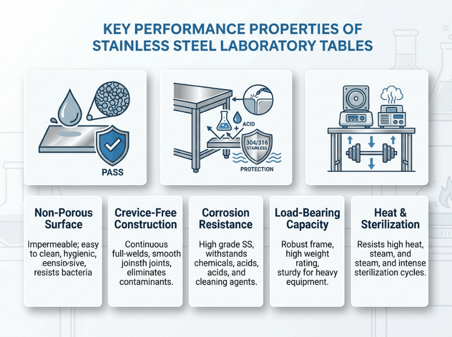 Infographic showing five key performance properties of stainless steel laboratory work tables Infographic showing five key performance properties of stainless steel laboratory work tables