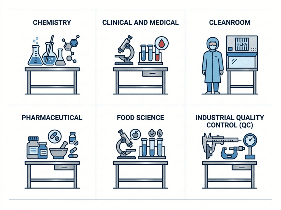 Infographic showing stainless steel lab work table applications across chemistry, clinical, cleanroom, pharmaceutical, food science, and industrial QC labs Infographic showing stainless steel lab work table applications across chemistry, clinical, cleanroom, pharmaceutical, food science, and industrial QC labs