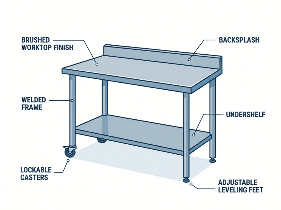Labeled diagram of key features to consider when choosing a stainless steel lab table Labeled diagram of key features to consider when choosing a stainless steel lab table