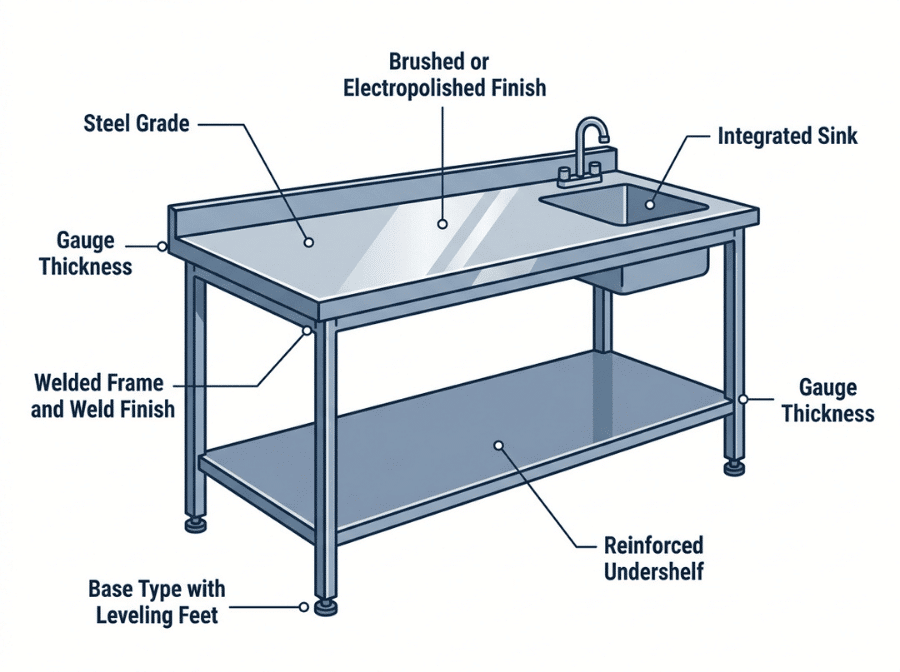 Labeled diagram of key features to consider when choosing a stainless steel lab work table Labeled diagram of key features to consider when choosing a stainless steel lab work table