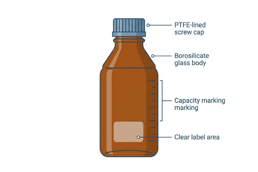 Labeled diagram showing key features to consider when choosing an amber glass laboratory bottle Labeled diagram showing key features to consider when choosing an amber glass laboratory bottle