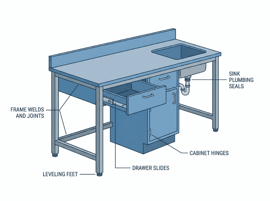 Labeled diagram showing key hardware inspection points on a laboratory bench Labeled diagram showing key hardware inspection points on a laboratory bench