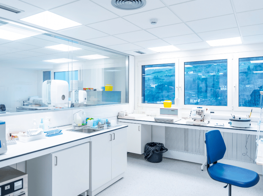 Modern laboratory interior showing different laboratory types including wet, clinical, and dry lab zones