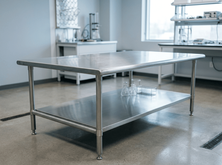 Modern stainless steel laboratory table with brushed worktop and welded frame in a clean lab setting