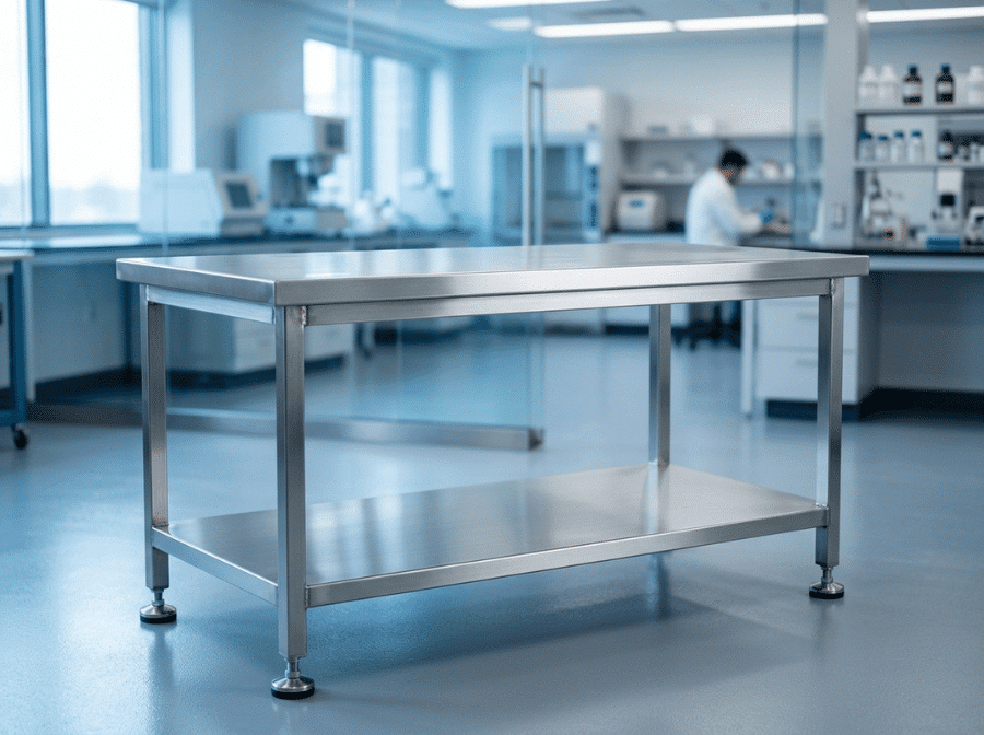 Modern stainless steel laboratory work table with brushed surface, welded frame, and undershelf in a clean lab setting