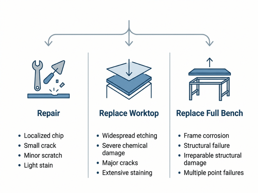 Repair versus replace decision framework infographic for lab bench worktops Repair versus replace decision framework infographic for lab bench worktops