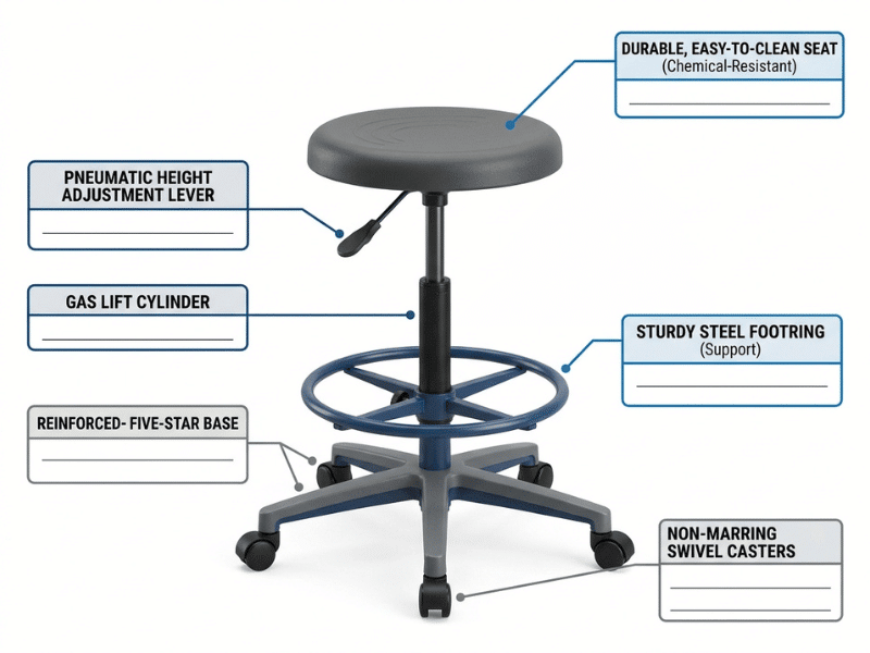 Annotated adjustable science lab stool showing key features for school laboratory use Annotated adjustable science lab stool showing key features for school laboratory use