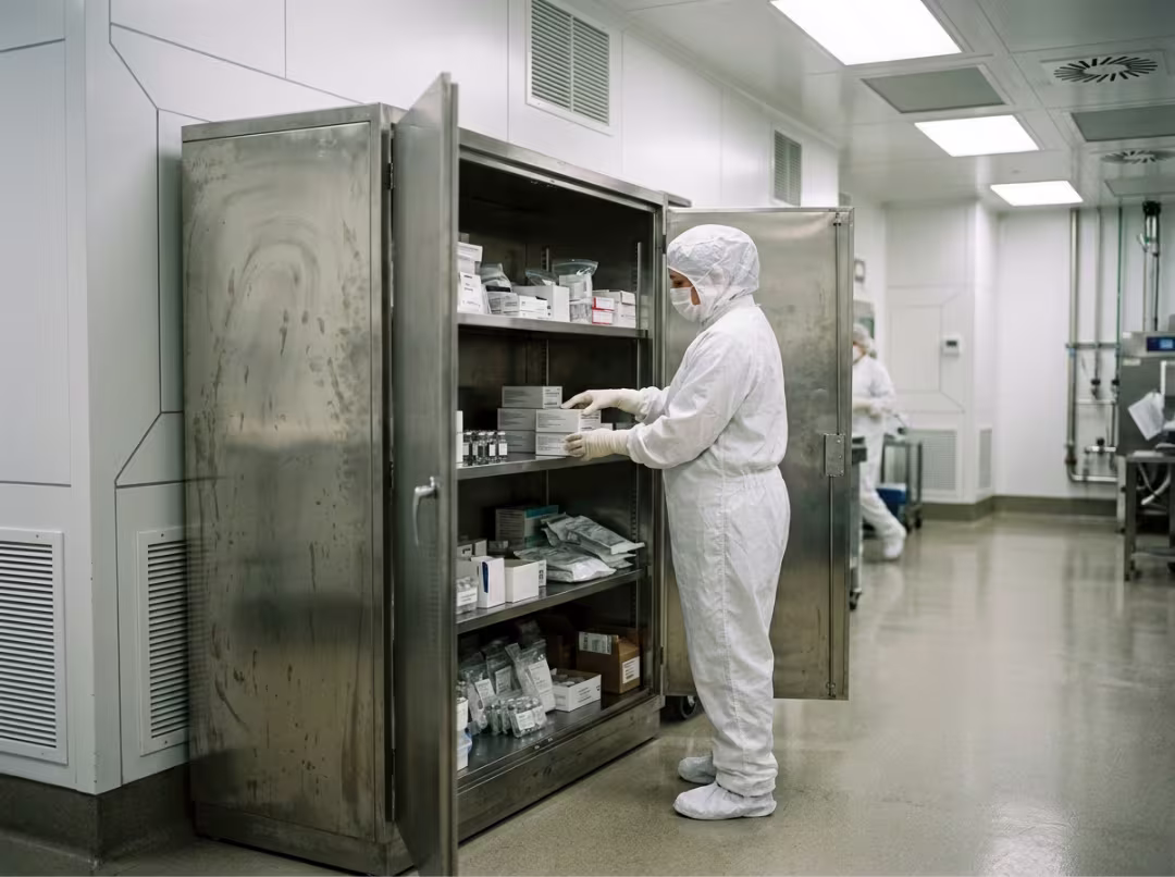 Cleanroom cabinet in a pharmaceutical work setting Cleanroom cabinet in a pharmaceutical work setting