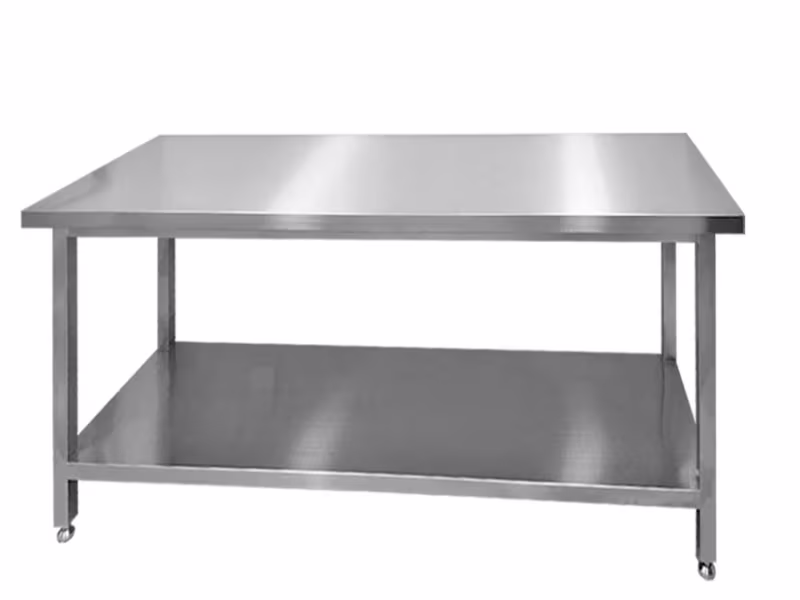 Cleanroom stainless steel table with brushed solid top and open tubular frame in an ISO classified controlled environment
