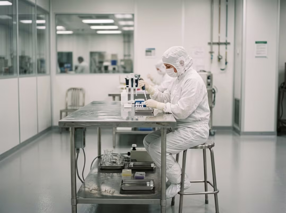 Cleanroom table in a pharmaceutical work setting Cleanroom table in a pharmaceutical work setting