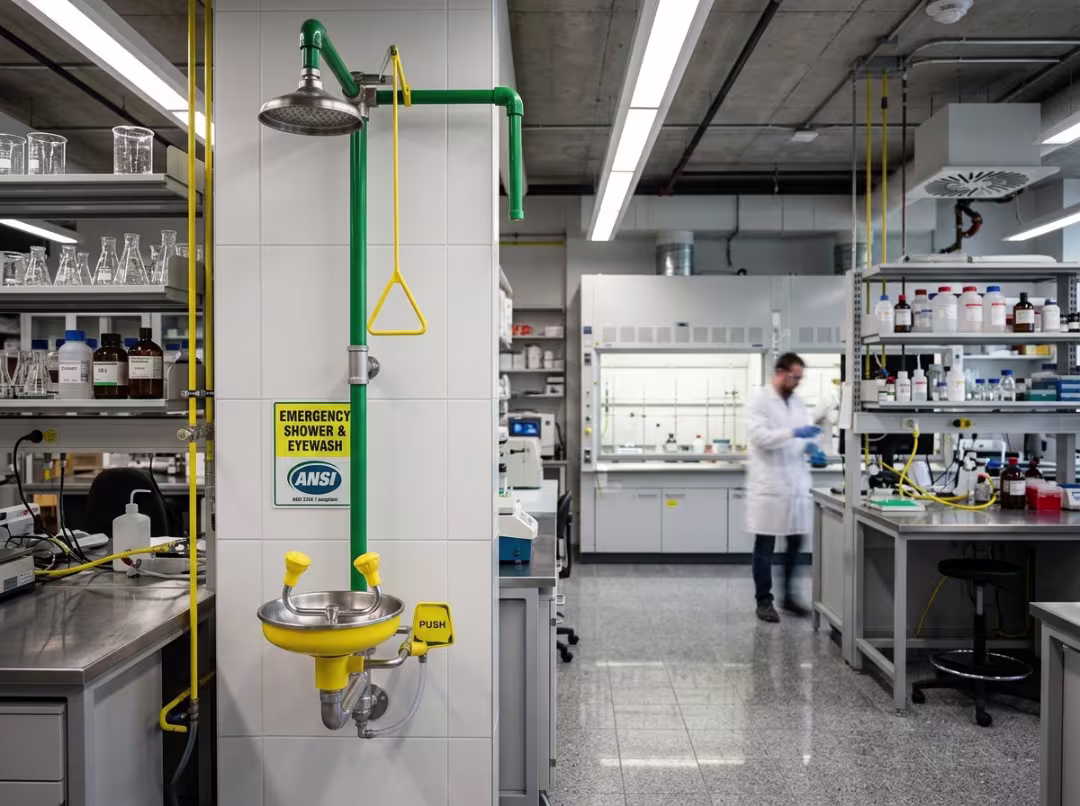 Combination emergency shower and eyewash station in a lab
