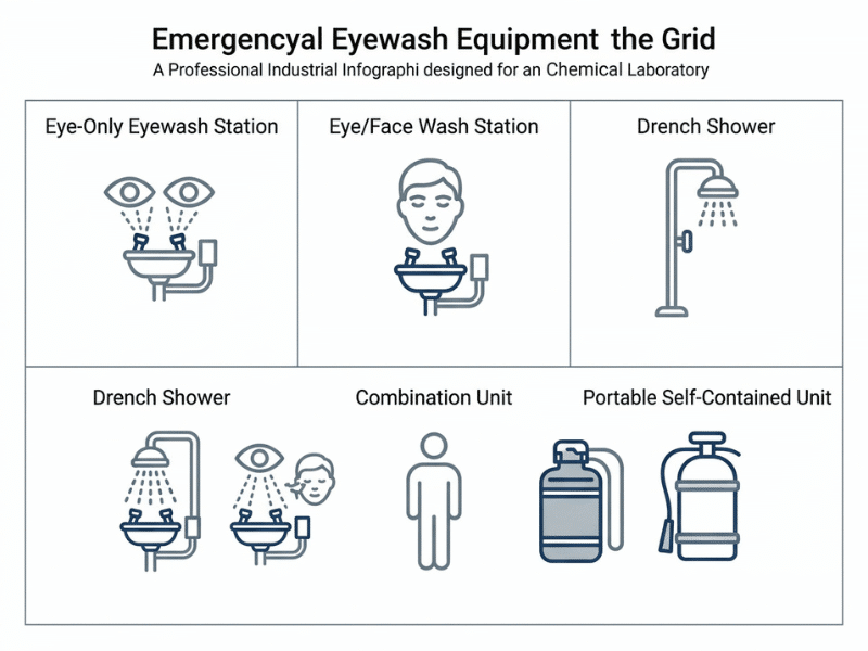 Comparison grid of chemical lab eyewash equipment types including eye only, eye face wash, drench shower, and combination units Comparison grid of chemical lab eyewash equipment types including eye only, eye face wash, drench shower, and combination units