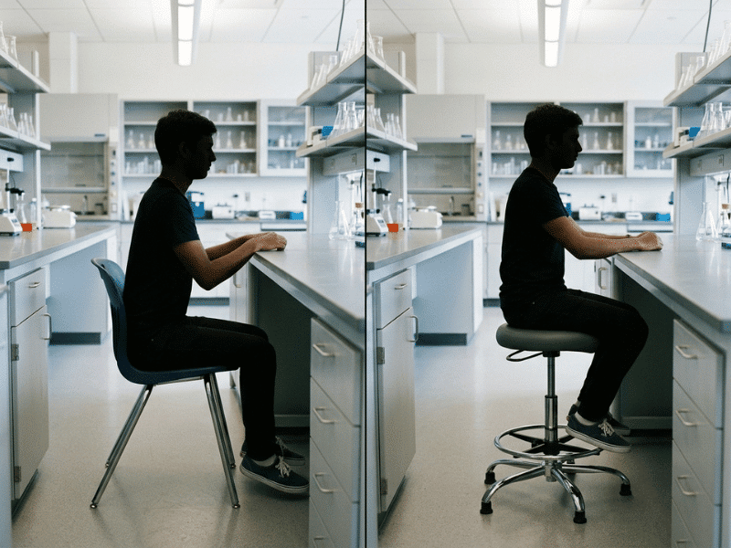 Comparison of a classroom chair and an adjustable lab stool at a school science lab bench Comparison of a classroom chair and an adjustable lab stool at a school science lab bench