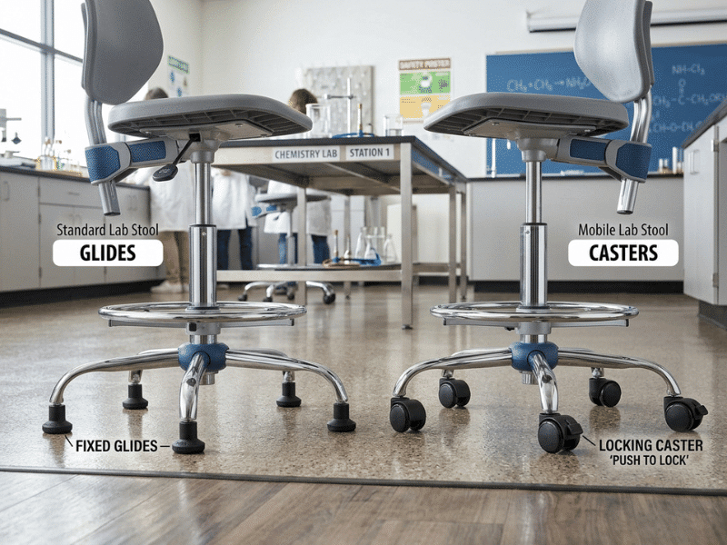 Comparison of lab stool glides and locking casters for school science labs Comparison of lab stool glides and locking casters for school science labs