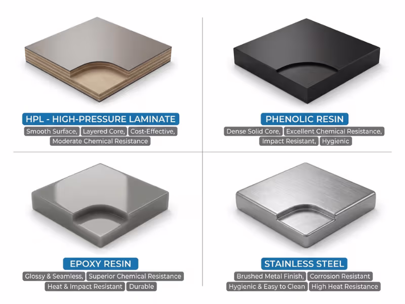 Comparison of laboratory worktop materials including HPL, phenolic resin, epoxy resin, and stainless steel Comparison of laboratory worktop materials including HPL, phenolic resin, epoxy resin, and stainless steel