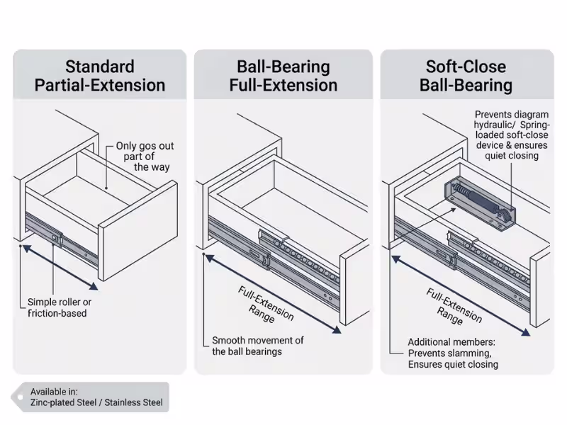 Diagram comparing lab drawer slide mechanisms standard partial extension, ball bearing full extension, and soft close ball bearing Diagram comparing lab drawer slide mechanisms standard partial extension, ball bearing full extension, and soft close ball bearing