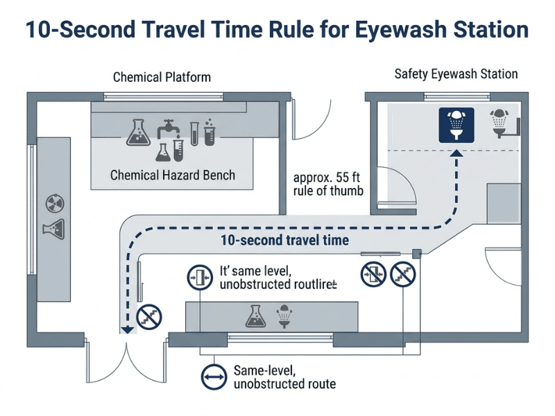 Diagram of the 10 second travel time rule for emergency eyewash station placement in a chemical lab Diagram of the 10 second travel time rule for emergency eyewash station placement in a chemical lab