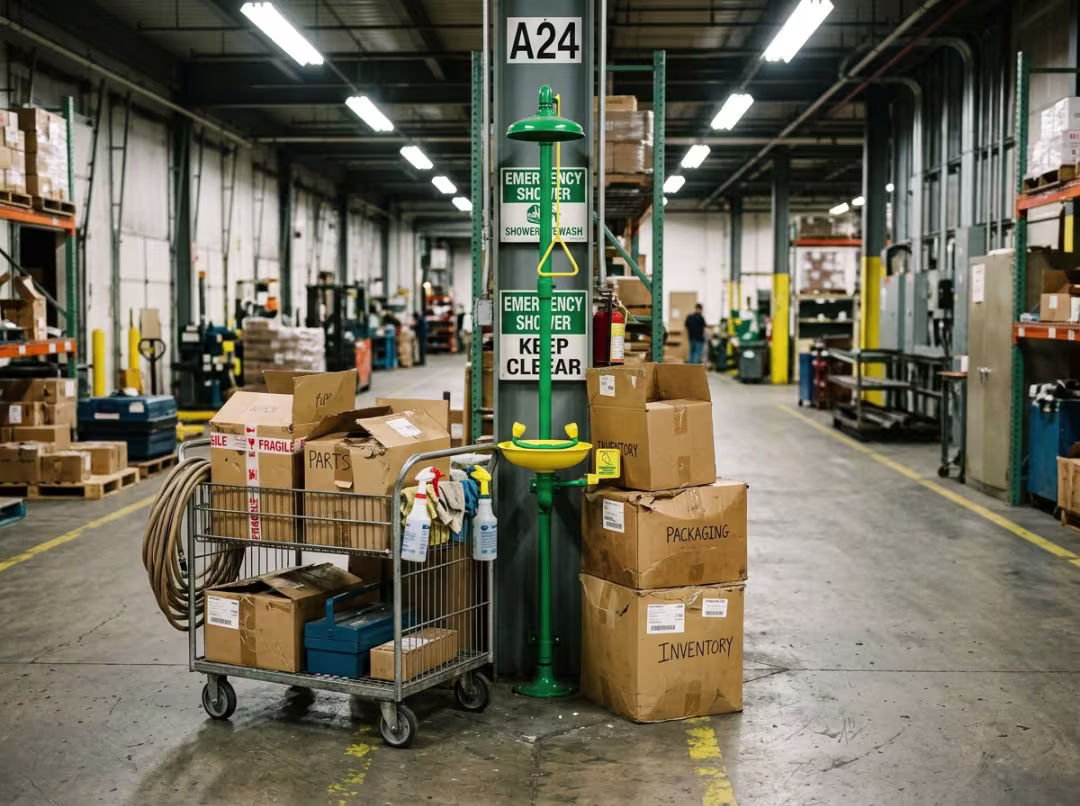Emergency shower blocked by boxes and a cart Emergency shower blocked by boxes and a cart