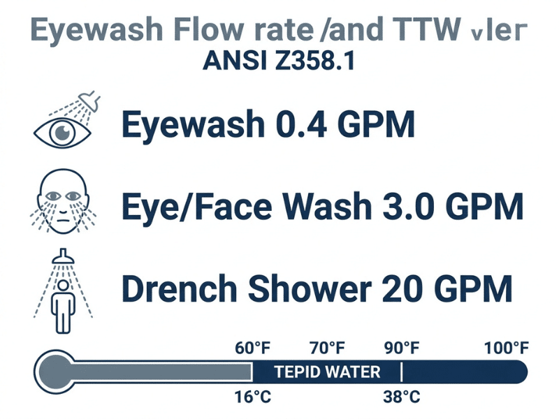 Eyewash station flow rate and tepid water temperature requirements infographic under ANSI Z358.1 Eyewash station flow rate and tepid water temperature requirements infographic under ANSI Z358.1