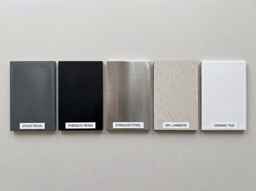 Five lab benchtop material samples side by side Five lab benchtop material samples side by side