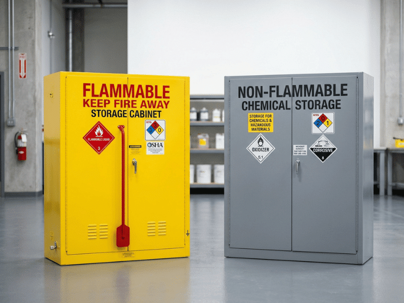 Flammable and non flammable chemical storage cabinets side by side in a laboratory storage room