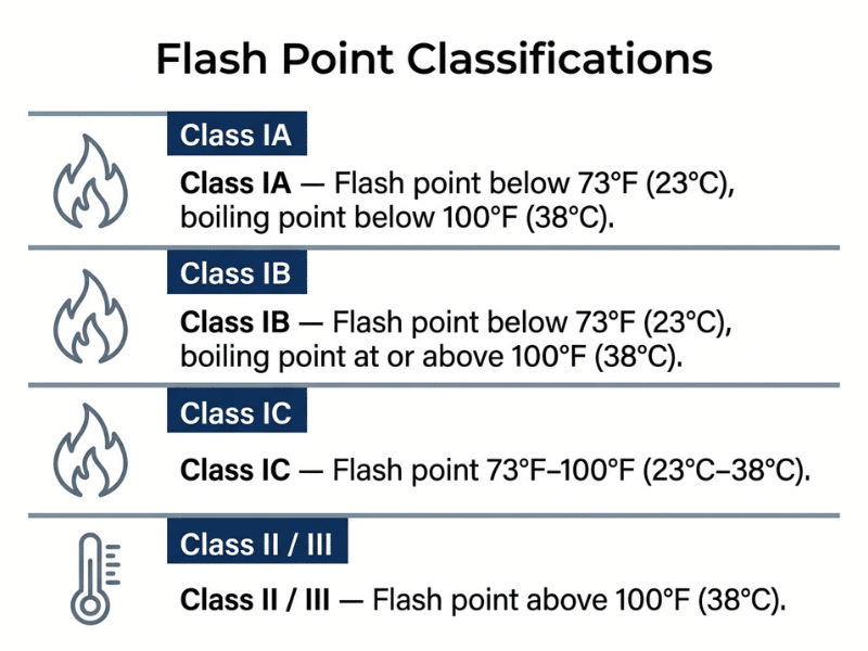 Flat infographic showing OSHA and NFPA flash point classification categories for flammable and combustible liquids Flat infographic showing OSHA and NFPA flash point classification categories for flammable and combustible liquids