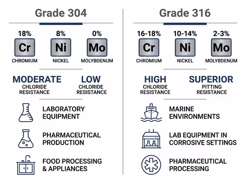 Grade 304 vs 316 stainless steel comparison infographic for lab tables showing composition and corrosion resistance Grade 304 vs 316 stainless steel comparison infographic for lab tables showing composition and corrosion resistance