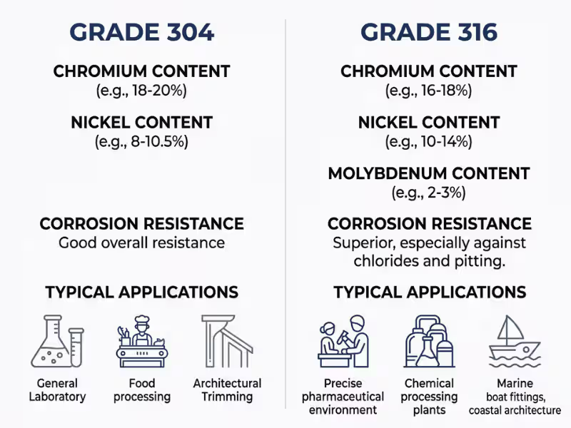 Grade 304 vs 316 stainless steel comparison infographic showing composition and chloride resistance for lab tables Grade 304 vs 316 stainless steel comparison infographic showing composition and chloride resistance for lab tables
