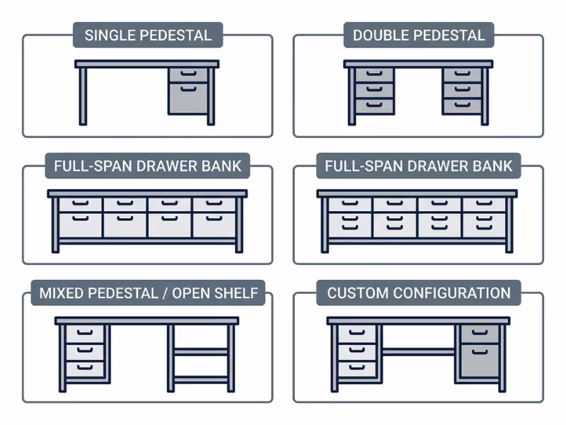 Grid infographic of stainless steel lab table drawer configurations including single pedestal, double pedestal, and full span layouts Grid infographic of stainless steel lab table drawer configurations including single pedestal, double pedestal, and full span layouts