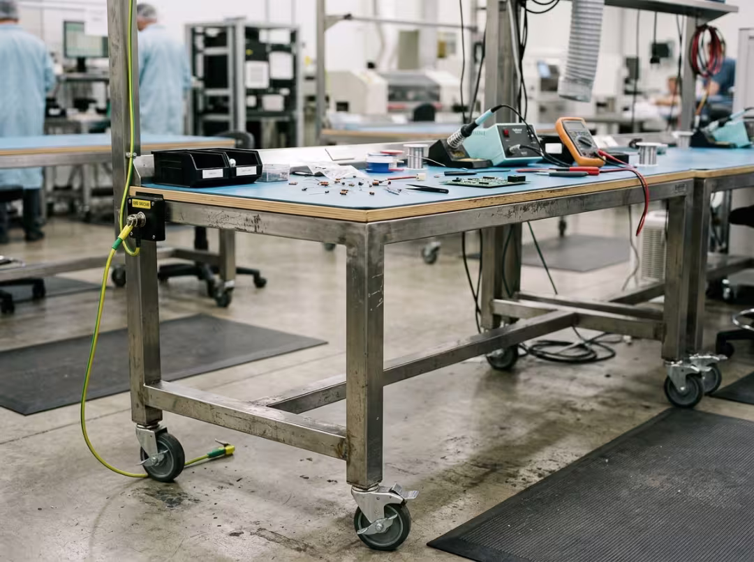 Grounded ESD workbench in an electronics cleanroom Grounded ESD workbench in an electronics cleanroom