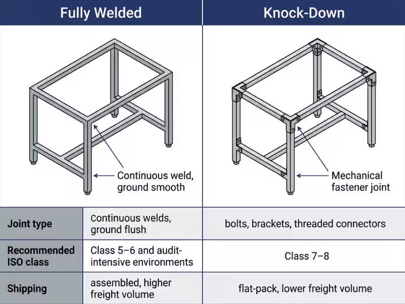 Infographic comparing fully welded and knock down construction methods for cleanroom stainless steel tables, showing joint types, recommended ISO class, and shipping considerations Infographic comparing fully welded and knock down construction methods for cleanroom stainless steel tables, showing joint types, recommended ISO class, and shipping considerations