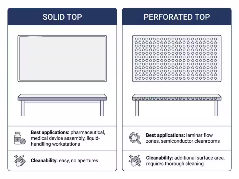 Infographic comparing solid top and perforated top configurations for cleanroom stainless steel tables, with best use applications and cleanability notes for each Infographic comparing solid top and perforated top configurations for cleanroom stainless steel tables, with best use applications and cleanability notes for each