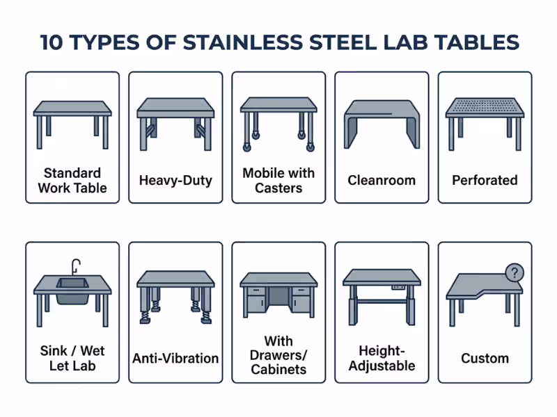 Infographic overview of 10 types of stainless steel lab tables including cleanroom, heavy duty, sink, and anti vibration Infographic overview of 10 types of stainless steel lab tables including cleanroom, heavy duty, sink, and anti vibration