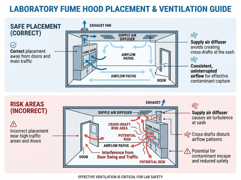 Infographic showing proper fume hood placement and airflow conflicts in laboratory design Infographic showing proper fume hood placement and airflow conflicts in laboratory design