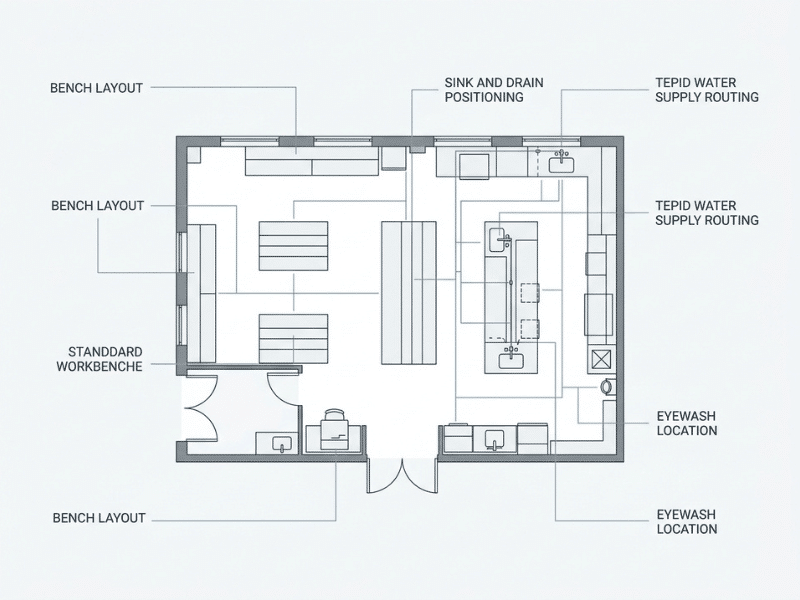 Lab layout coordination visual showing bench, sink, and emergency eyewash station placement and utility routing Lab layout coordination visual showing bench, sink, and emergency eyewash station placement and utility routing