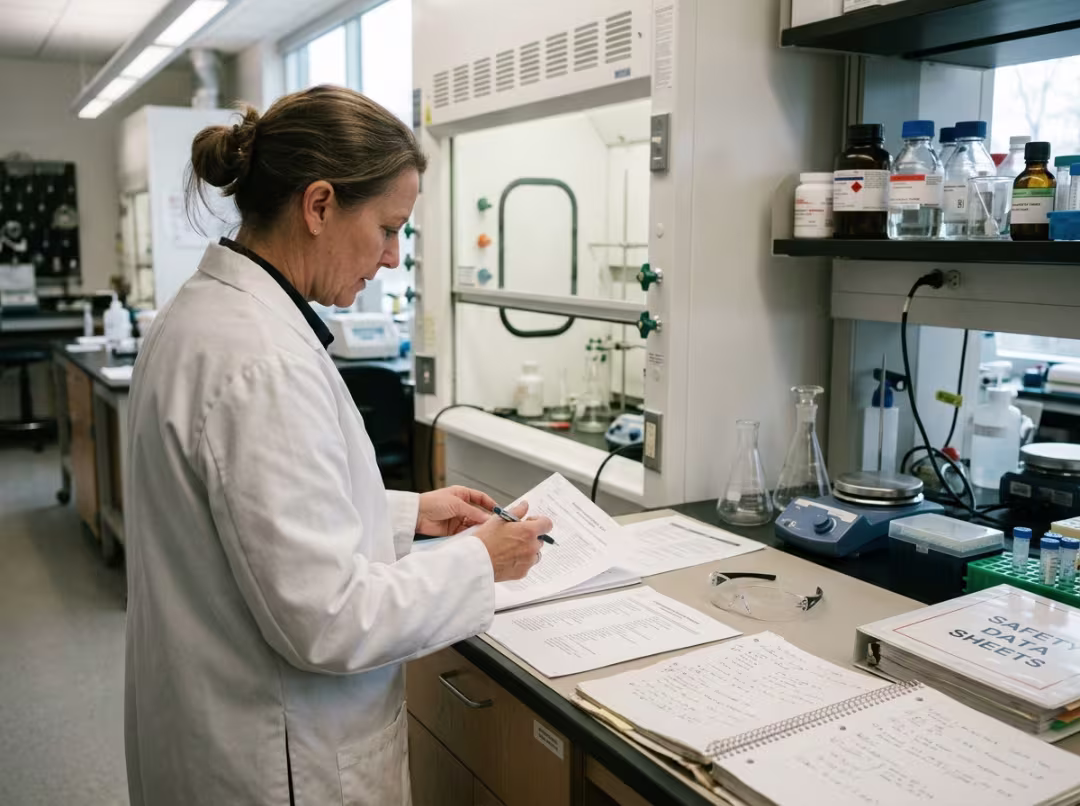 Lab manager reviewing acid compatibility before specifying a hood Lab manager reviewing acid compatibility before specifying a hood