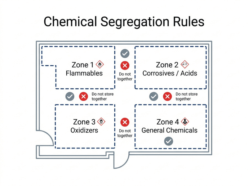 Laboratory chemical segregation diagram showing which chemical classes must be stored separately, including flammables, corrosives, and oxidizers Laboratory chemical segregation diagram showing which chemical classes must be stored separately, including flammables, corrosives, and oxidizers