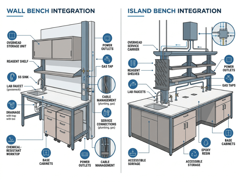 Laboratory furniture system diagram showing casework, worktops, sinks, and utility integration Laboratory furniture system diagram showing casework, worktops, sinks, and utility integration